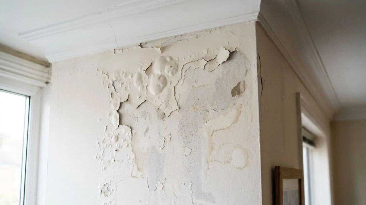 Parede com a tinta estufada e descascando perto do teto